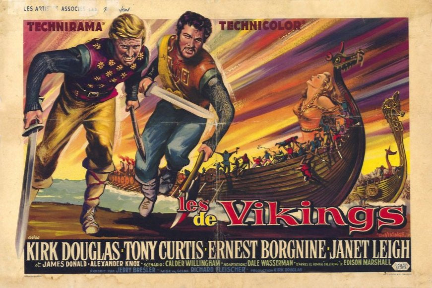 The Vikings Movie Poster Print featuring Norse warriors and landscapes.