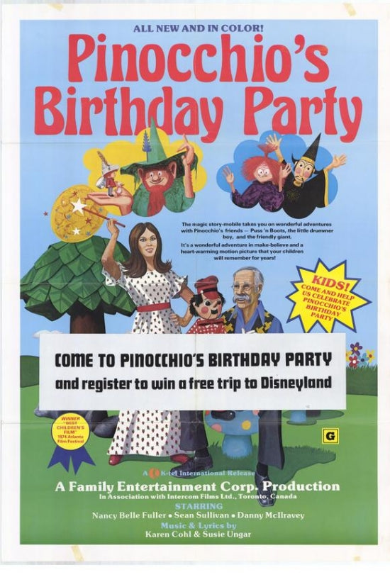 Pinocchio's Birthday Party Movie Poster Print featuring colorful characters celebrating.