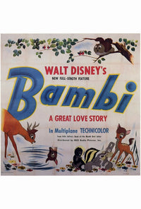 Bambi Classic Movie Poster Print featuring Bambi and friends in a forest setting.