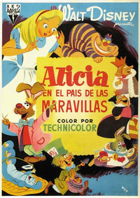 Alice in Wonderland movie poster print featuring whimsical characters and vibrant colors.