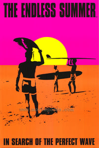 The Endless Summer Movie Poster Print featuring vibrant surfing imagery.