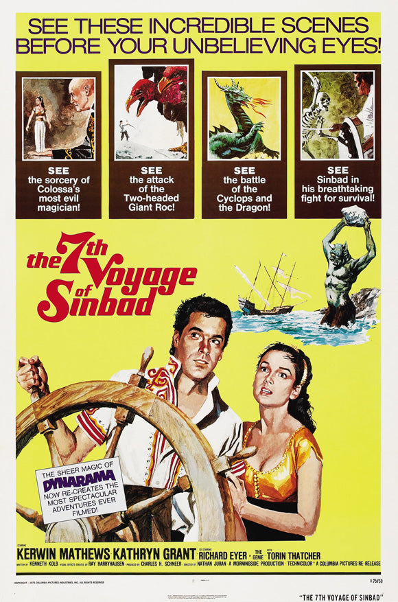 The 7th Voyage of Sinbad movie poster print showcasing classic fantasy art.