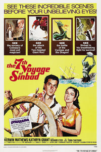 The 7th Voyage of Sinbad movie poster print showcasing classic fantasy art.