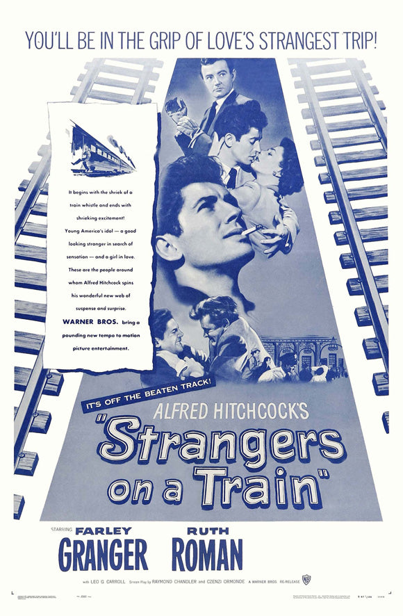 Strangers on a Train movie poster print featuring classic suspense imagery.