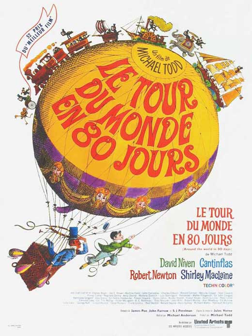 Around the World in 80 Days Movie Poster Print featuring vibrant colors and adventurous imagery.