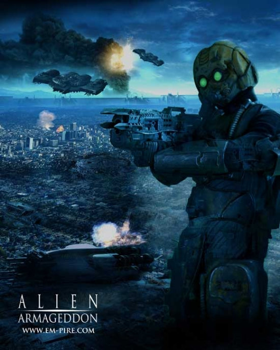 Alien Armageddon Movie Poster Print featuring intense sci-fi artwork.