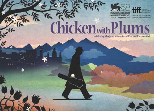 Chicken with Plums Movie Poster Print featuring vibrant artwork.