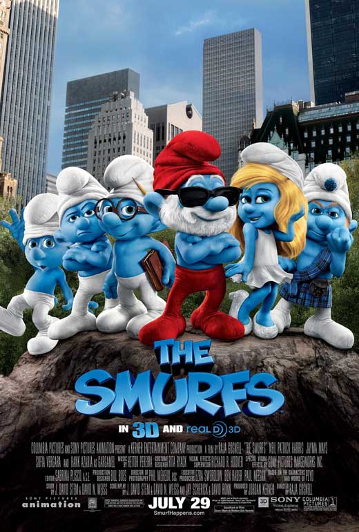 The Smurfs movie poster print featuring iconic blue characters.