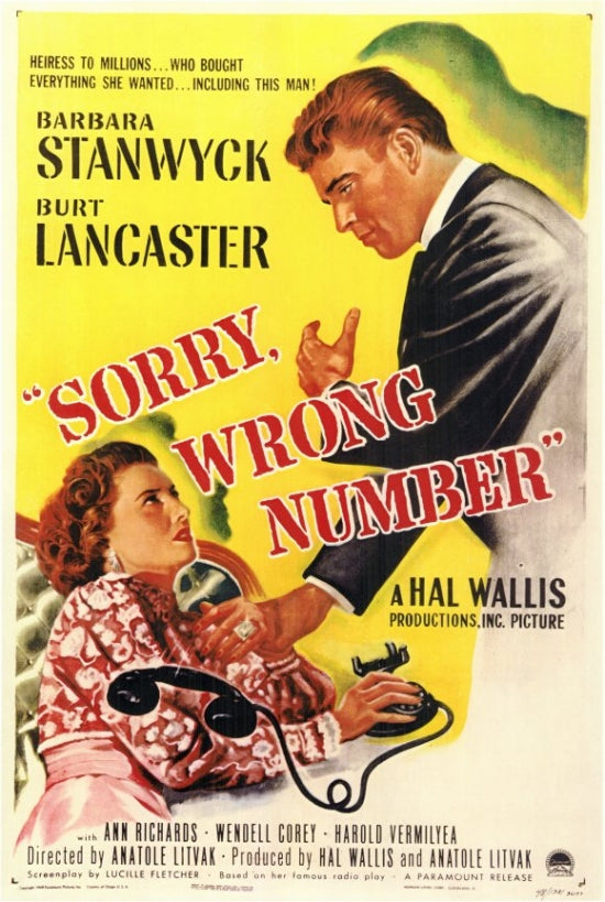 Sorry, Wrong Number Movie Poster displaying classic film artwork.