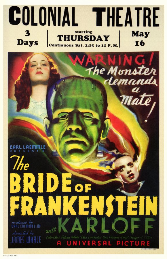 The Bride of Frankenstein Movie Poster Print featuring iconic horror imagery.