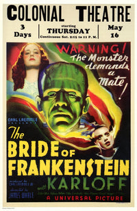 The Bride of Frankenstein Movie Poster Print featuring iconic horror imagery.