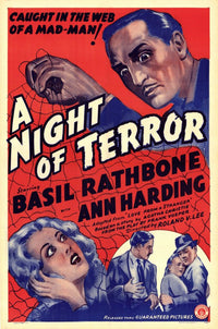 A Night of Terror Movie Poster Print showcasing horror-themed art.
