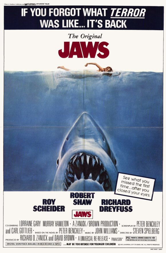 Jaws Movie Poster Print showcasing the iconic shark and ocean scene.