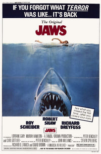 Jaws Movie Poster Print showcasing the iconic shark and ocean scene.