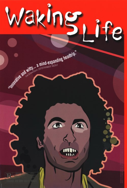 Waking Life movie poster print showcasing surreal animation and themes.