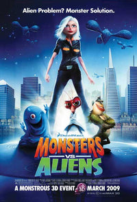 Monsters vs. Aliens Movie Poster Print featuring colorful characters.