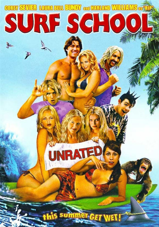 Surf School Movie Poster Print showcasing vibrant surfing theme.