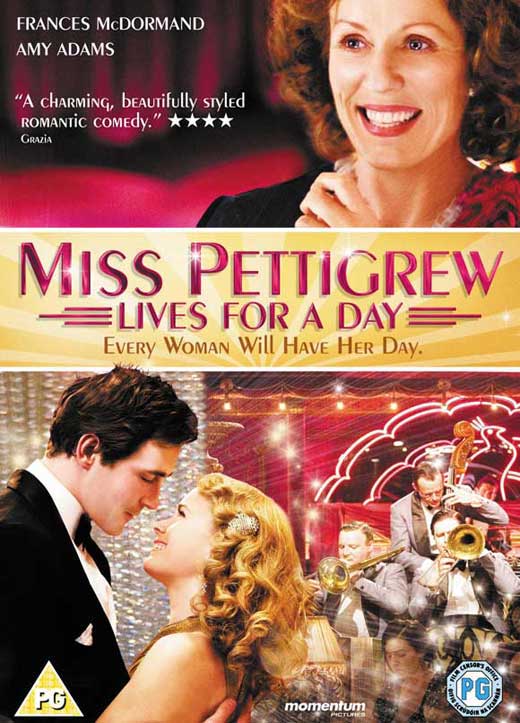 Miss Pettigrew Lives For A Day movie poster print featuring vibrant imagery.