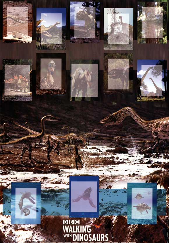 Walking With Dinosaurs Movie Poster Print featuring vibrant dinosaur artwork.