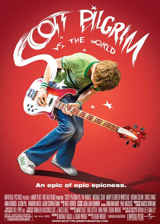 Scott Pilgrim vs The World movie poster print featuring vibrant artwork.
