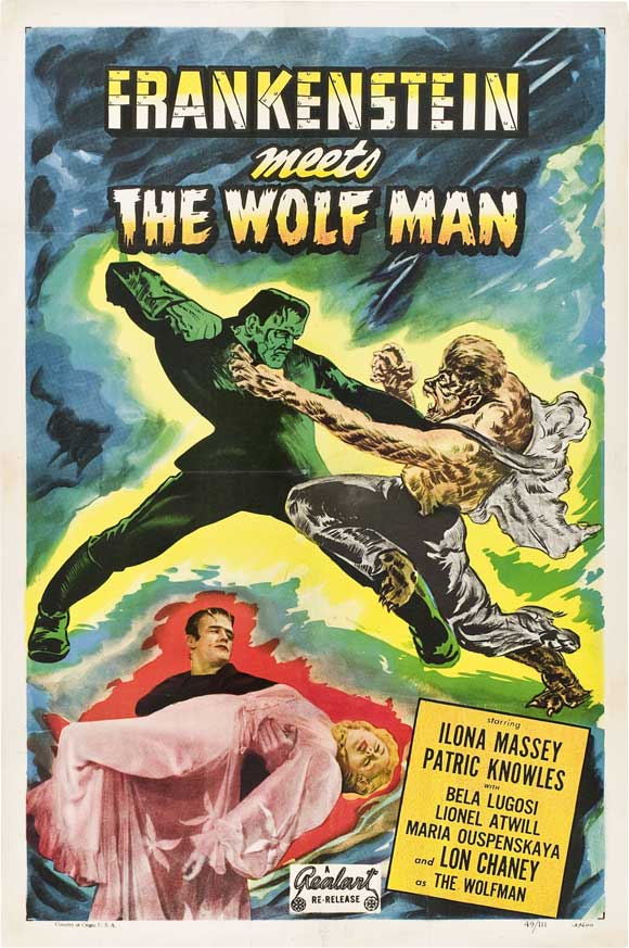Frankenstein Meets the Wolfman Movie Poster Print featuring classic horror artwork.