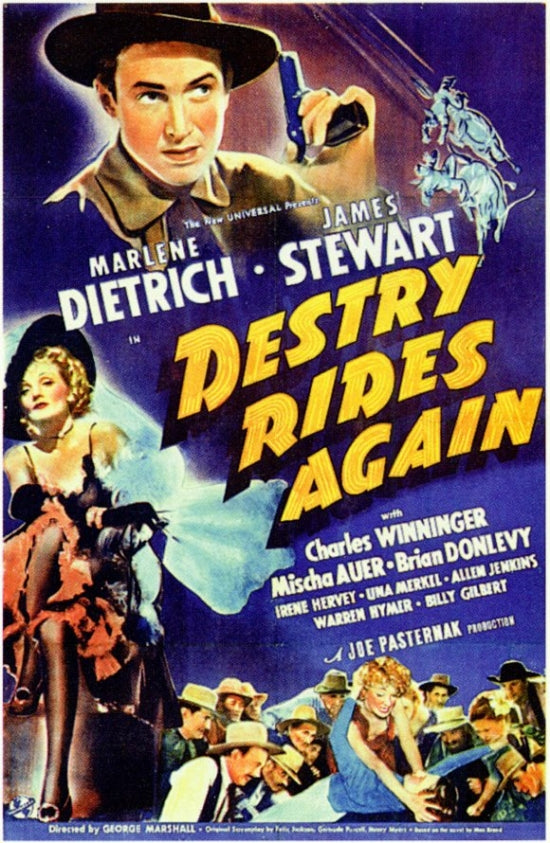 Destry Rides Again Movie Poster Print showcasing classic Western film art.