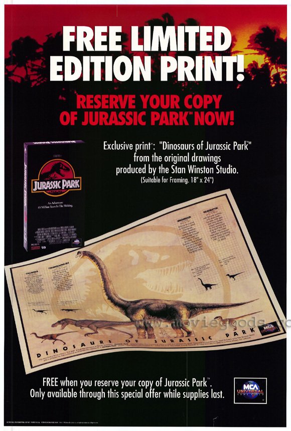 Jurassic Park Movie Poster Print featuring iconic dinosaur imagery.