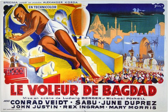 The Thief of Bagdad Movie Poster Print featuring vibrant colors and classic imagery.