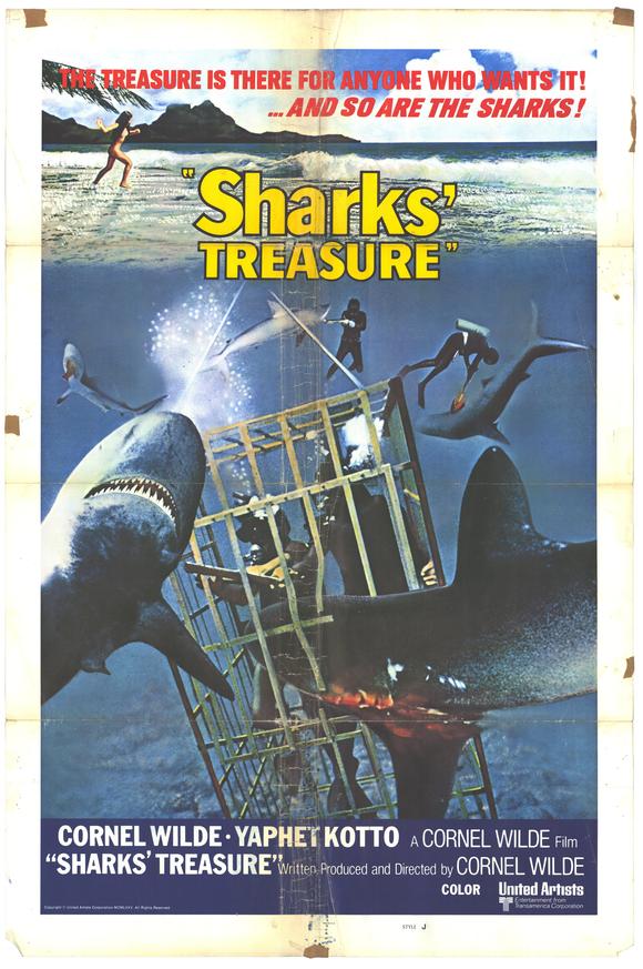 Sharks' Treasure movie poster print featuring vibrant underwater scene.