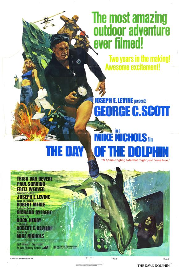 The Day of the Dolphin movie poster print featuring vibrant aquatic imagery.