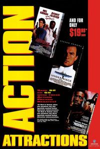 Action Attractions Movie Poster Print featuring vibrant colors and dramatic scenes.
