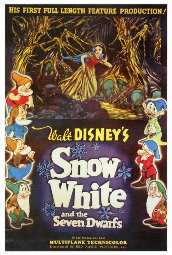 Snow White and the Seven Dwarfs Movie Poster Print featuring classic Disney characters.