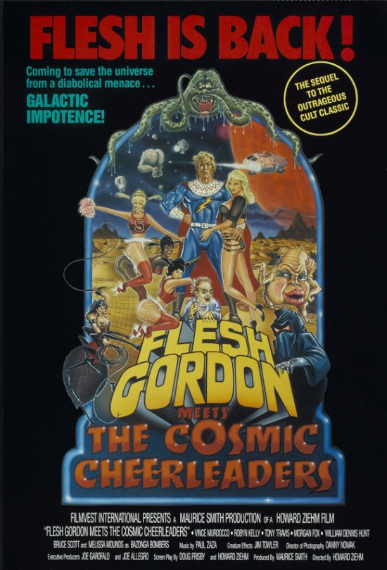 Flesh Gordon Meets the Cosmic Cheerleaders Movie Poster Print showcasing vibrant artwork.