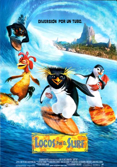 Surf's Up Movie Poster Print featuring vibrant surfing graphics.