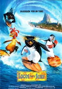 Surf's Up Movie Poster Print featuring vibrant surfing graphics.