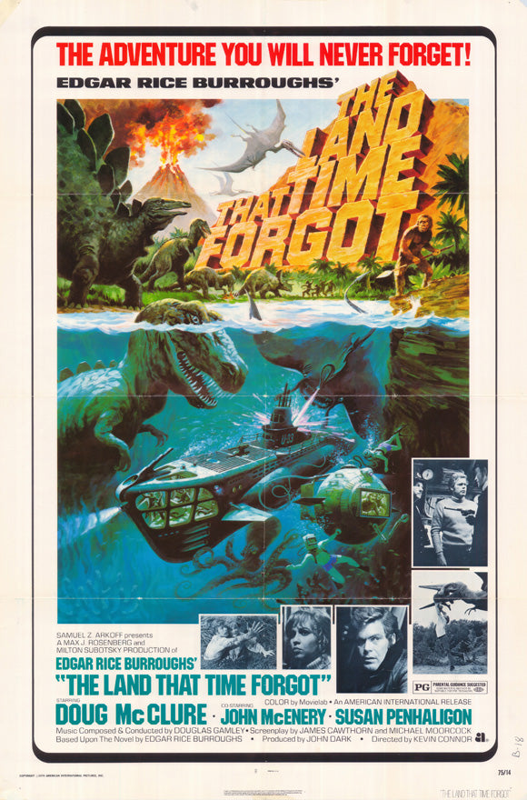 The Land That Time Forgot Movie Poster Print featuring a prehistoric adventure scene.