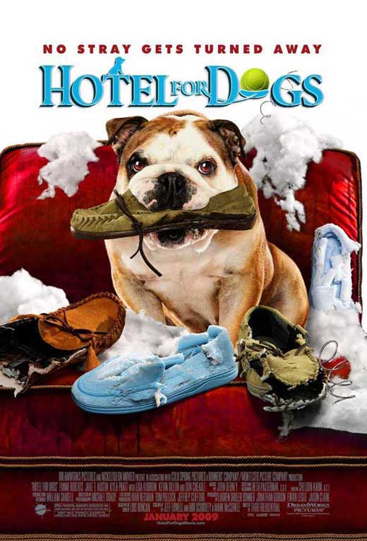 Hotel for Dogs movie poster print featuring colorful imagery of dogs in a hotel setting.