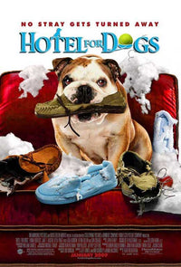 Hotel for Dogs movie poster print featuring colorful imagery of dogs in a hotel setting.