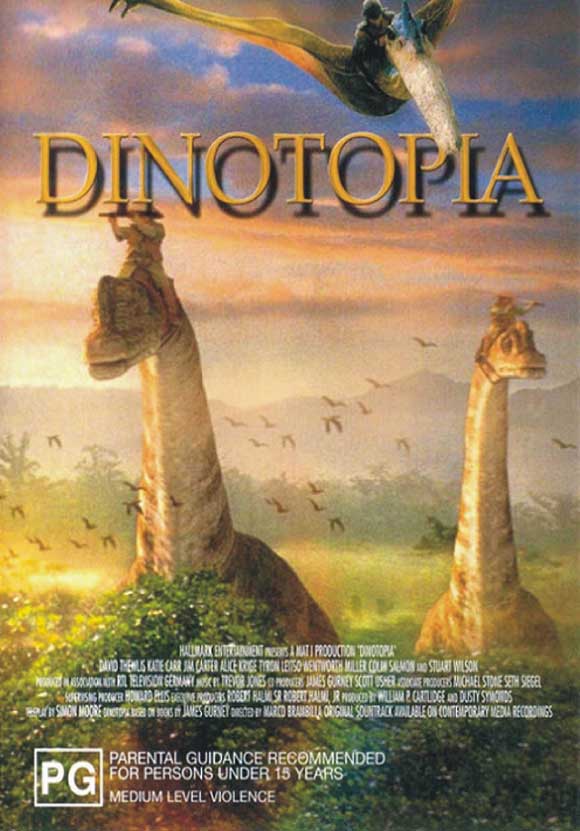 Dinotopia Movie Poster Print showcasing imaginative landscapes and creatures.