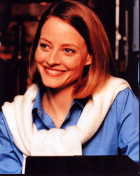 Jodie Foster photo print in blue top with white sweater over shoulders