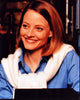 Jodie Foster photo print in blue top with white sweater over shoulders