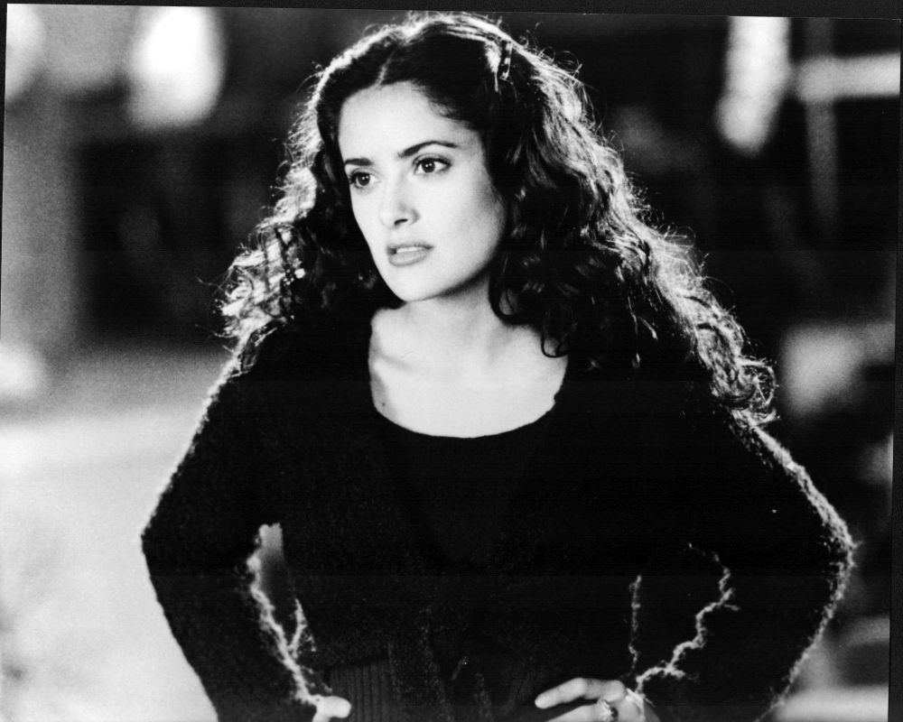 Salma Hayek in a fuzzy sweater black and white photo print.