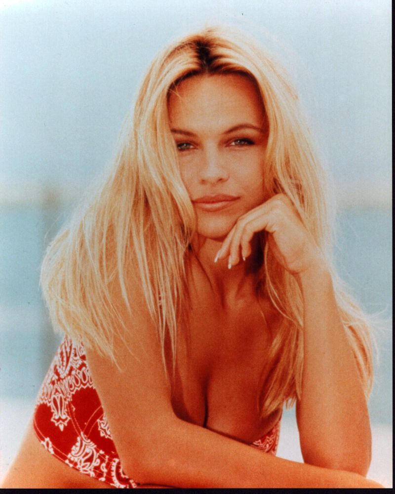 Pamela Anderson photo print in red bandana top, iconic pop culture art.