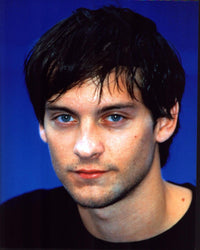 Tobey Maguire close-up photo print in black top with blue background
