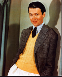 James Stewart photo print in yellow sweater vest and tweed blazer.