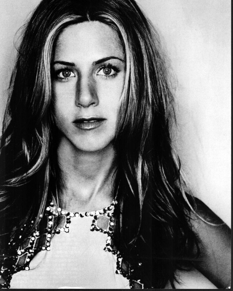 Jennifer Aniston black and white photo print with jeweled halter headshot.