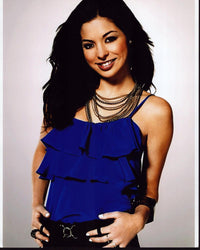 Gia Mantegna in blue ruffle top and necklaces photo print