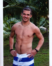 Malcolm Freberg in a blue striped swimsuit photo print