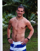 Malcolm Freberg in a blue striped swimsuit photo print