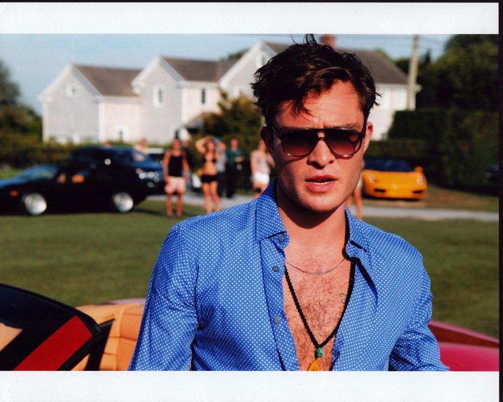 Ed Westwick wearing sunglasses with open blue shirt photo print.